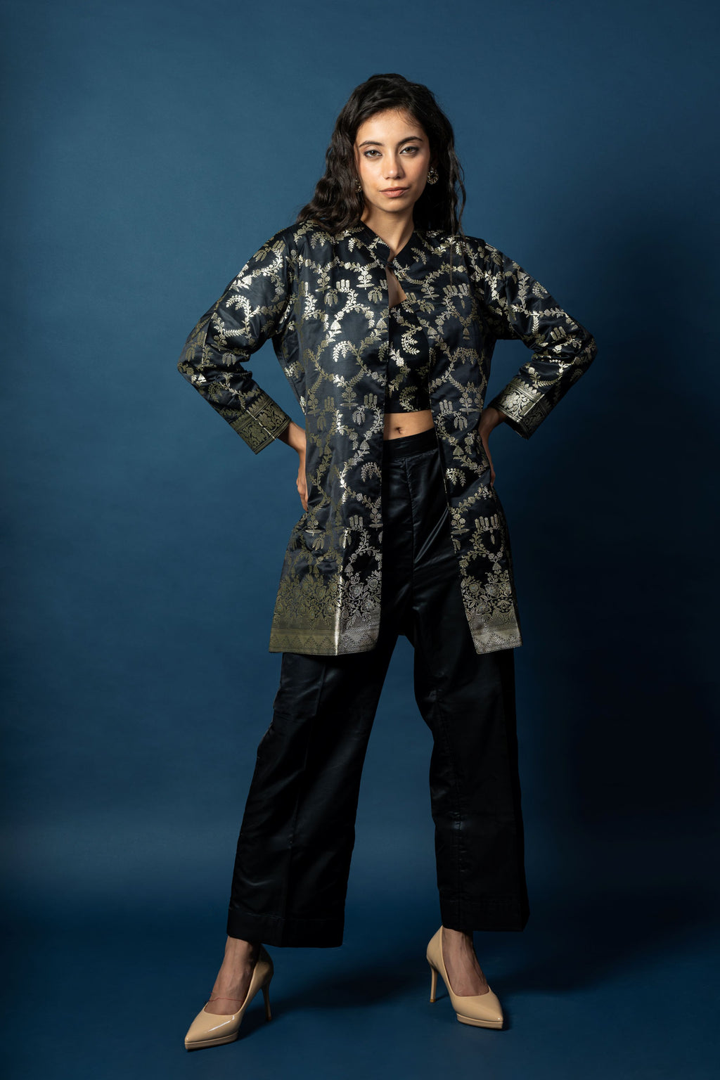 Midnight Black Pure Silk Banarasi Three-Piece Jacket and Trouser Set