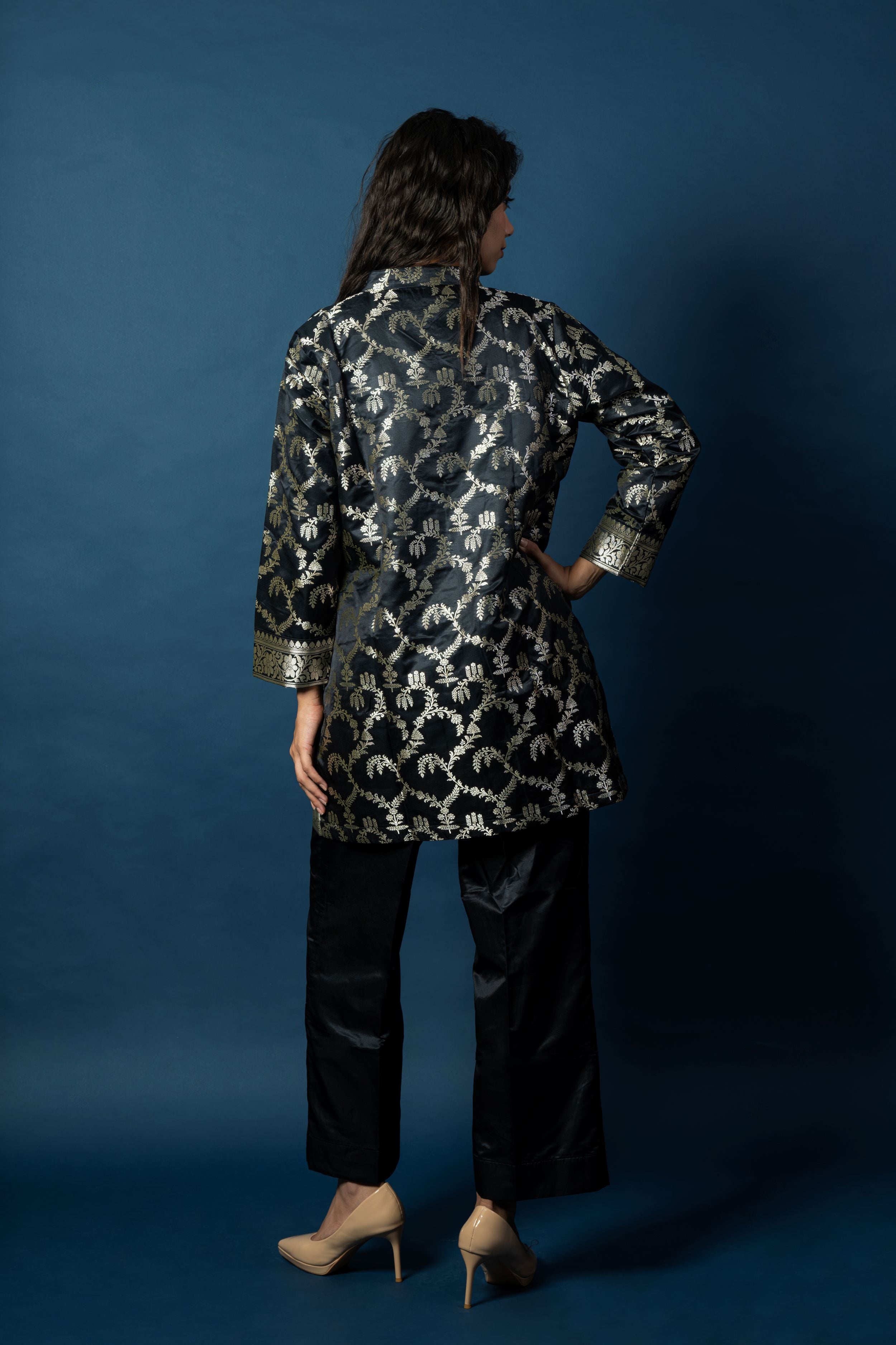 Midnight Black Pure Silk Banarasi Three-Piece Jacket and Trouser Set