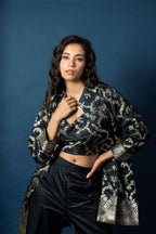 Midnight Black Pure Silk Banarasi Three-Piece Jacket and Trouser Set