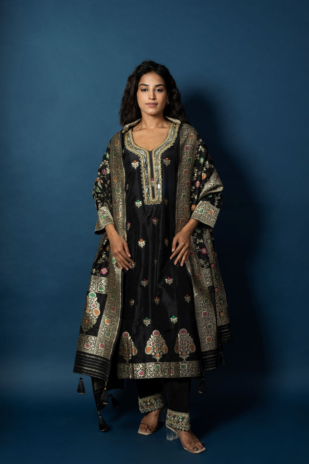 Ebony Pure Silk Suit with Banarasi Meenakari Weaving and Zardozi Neckline