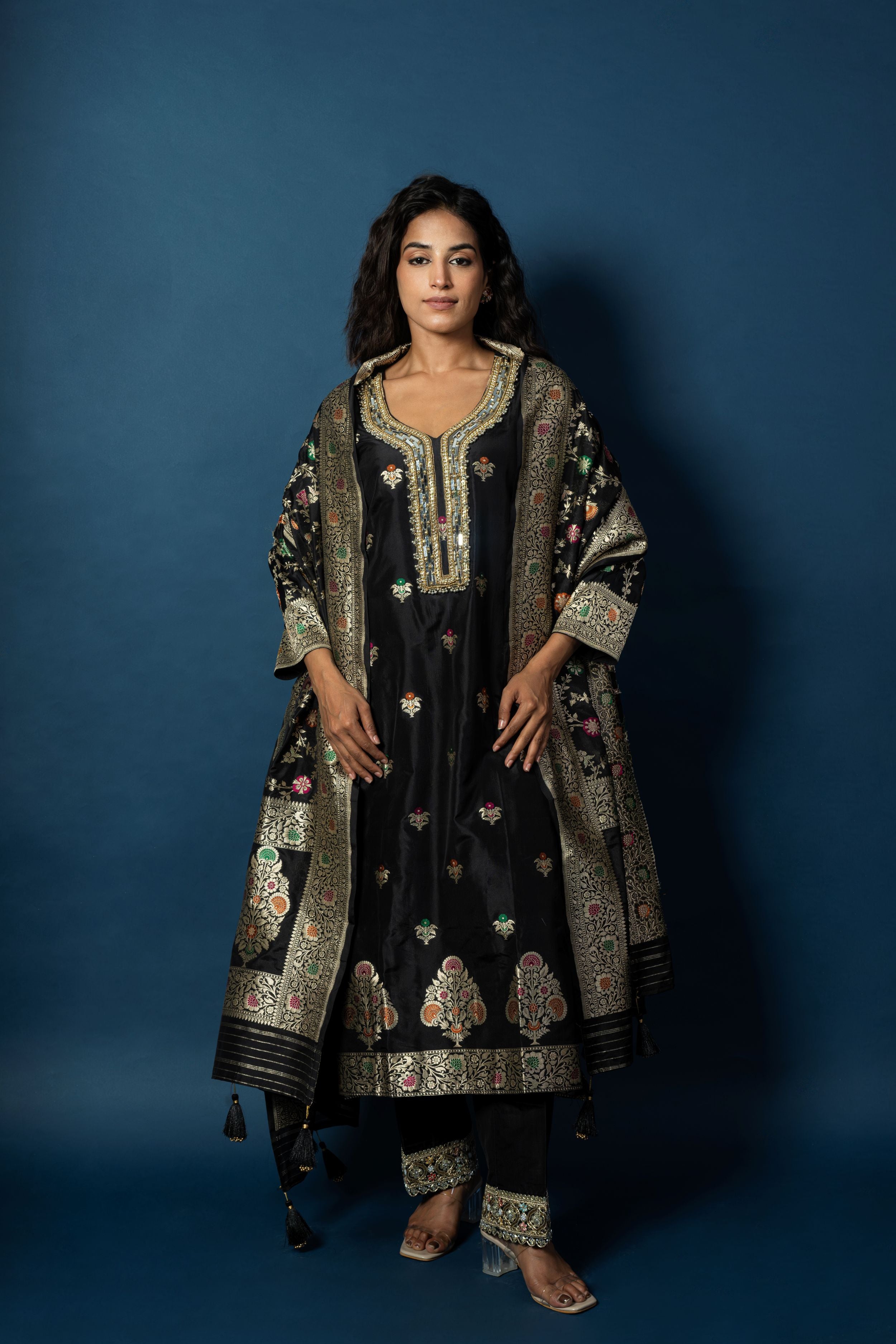 Ebony Pure Silk Suit with Banarasi Meenakari Weaving and Zardozi Neckline