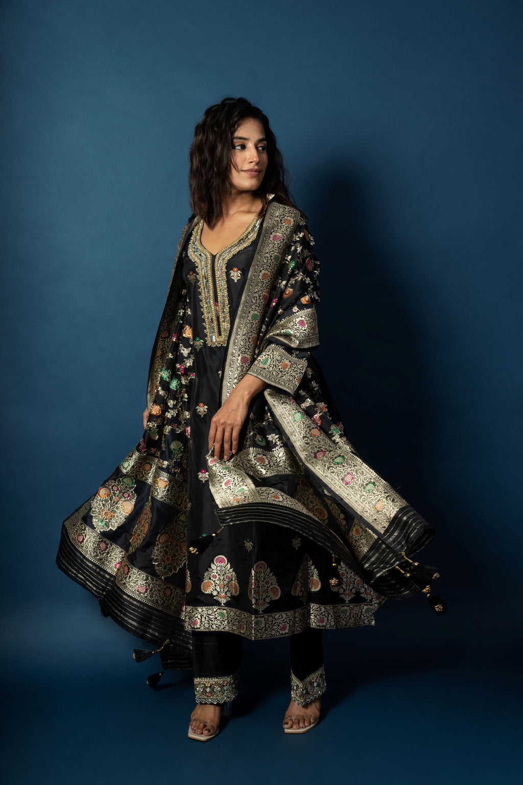 Ebony Pure Silk Suit with Banarasi Meenakari Weaving and Zardozi Neckline