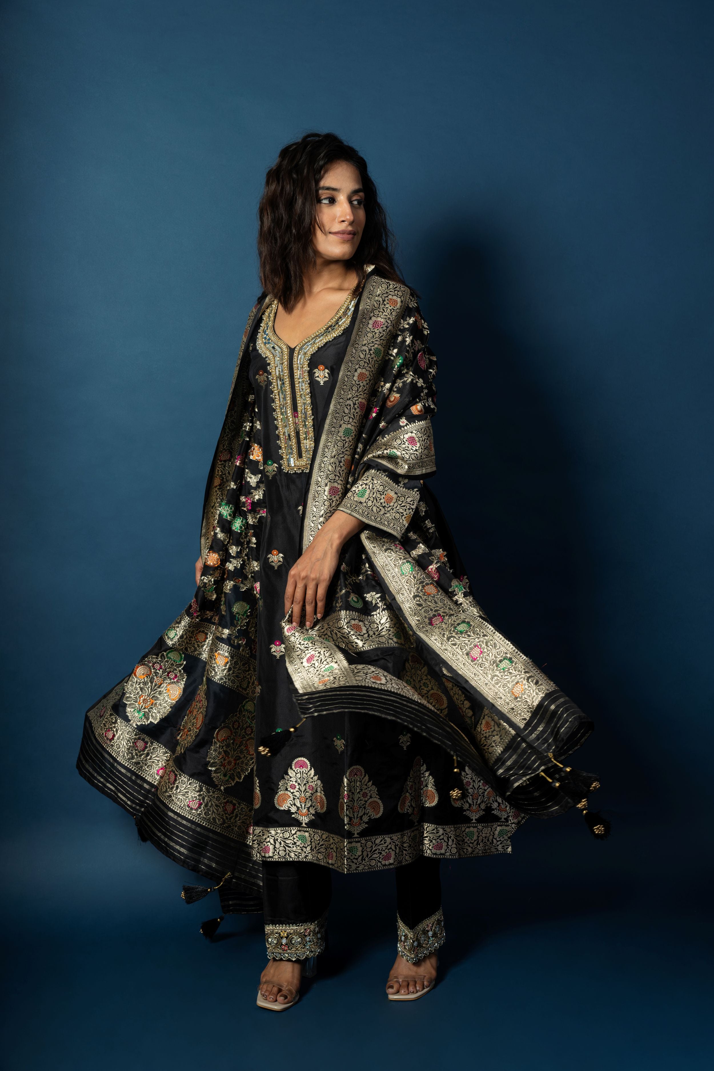 Ebony Pure Silk Suit with Banarasi Meenakari Weaving and Zardozi Neckline