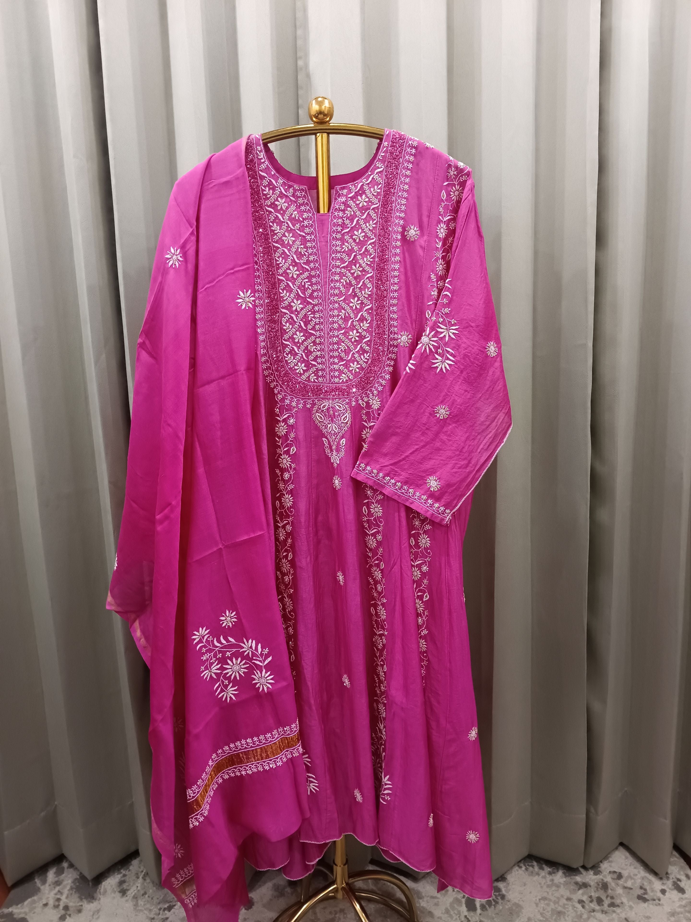 FUSHSIAE MUL CHANDERI CHIKANKARI ANARKALI SET