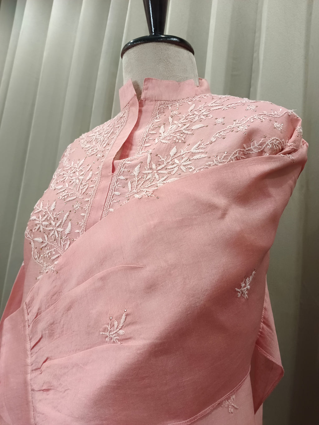 PEACH MUL CHANDERI CHIKANKARI CO-ORD SET