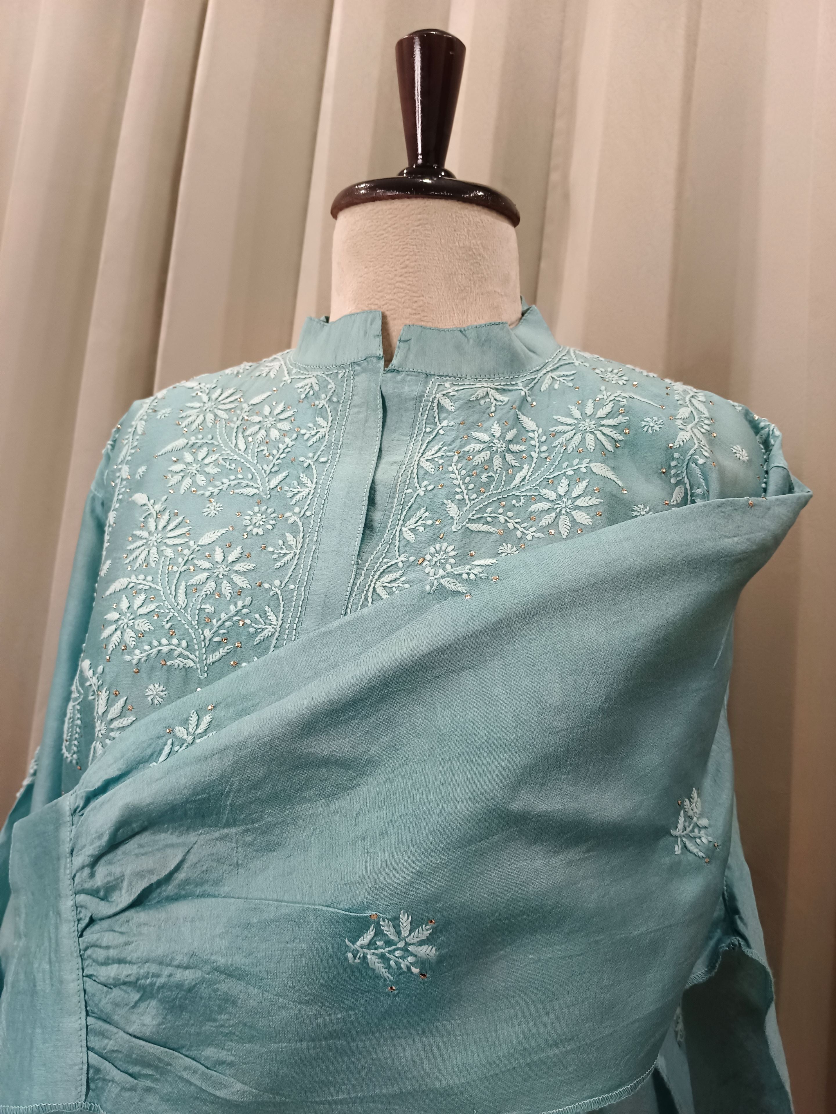 MISTJADE MUL CHANDERI CHIKANKARI CO-ORD SET