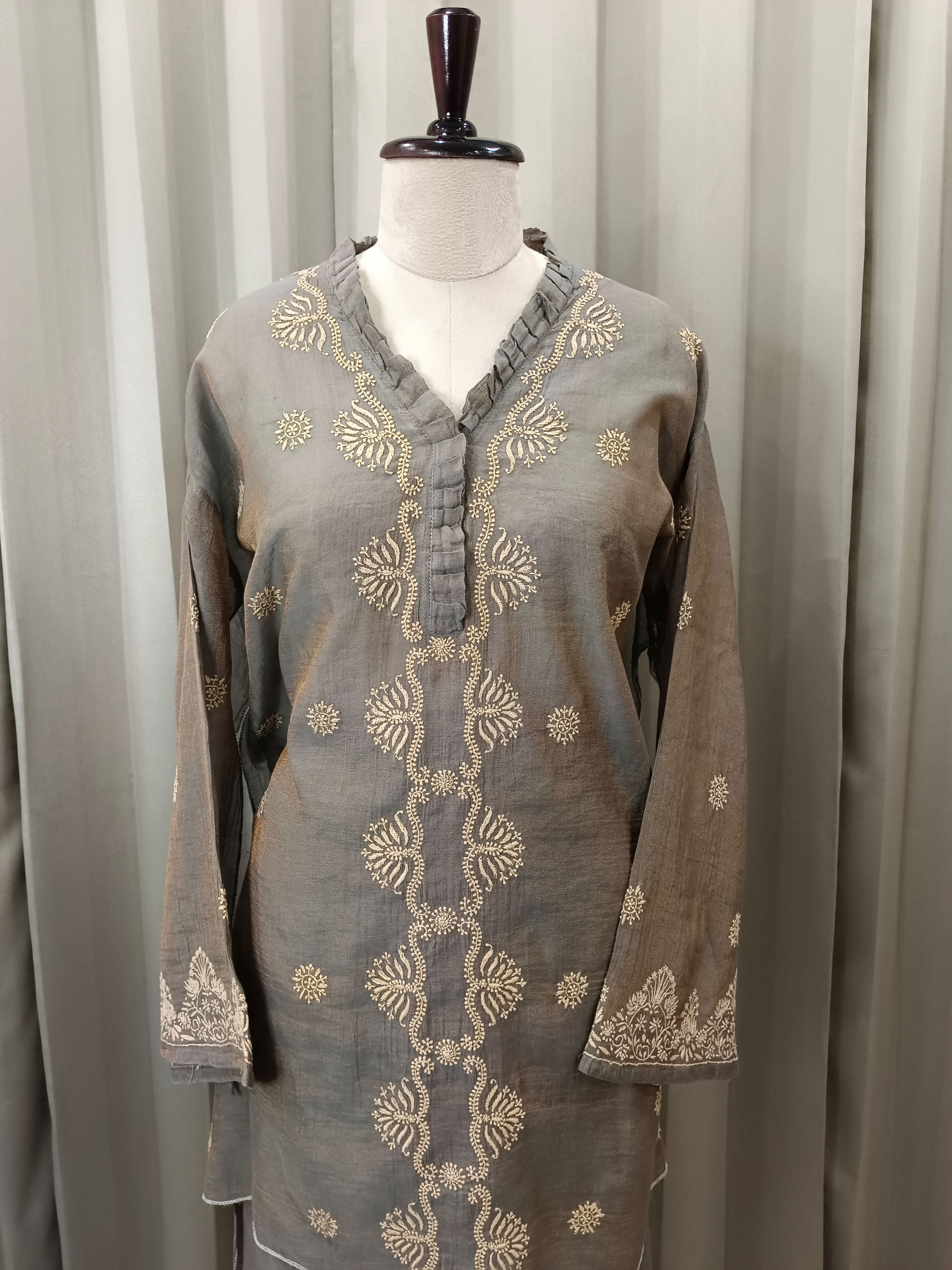 SILVER MIST TISSSUE CHIKANKARI CO-ORD SET