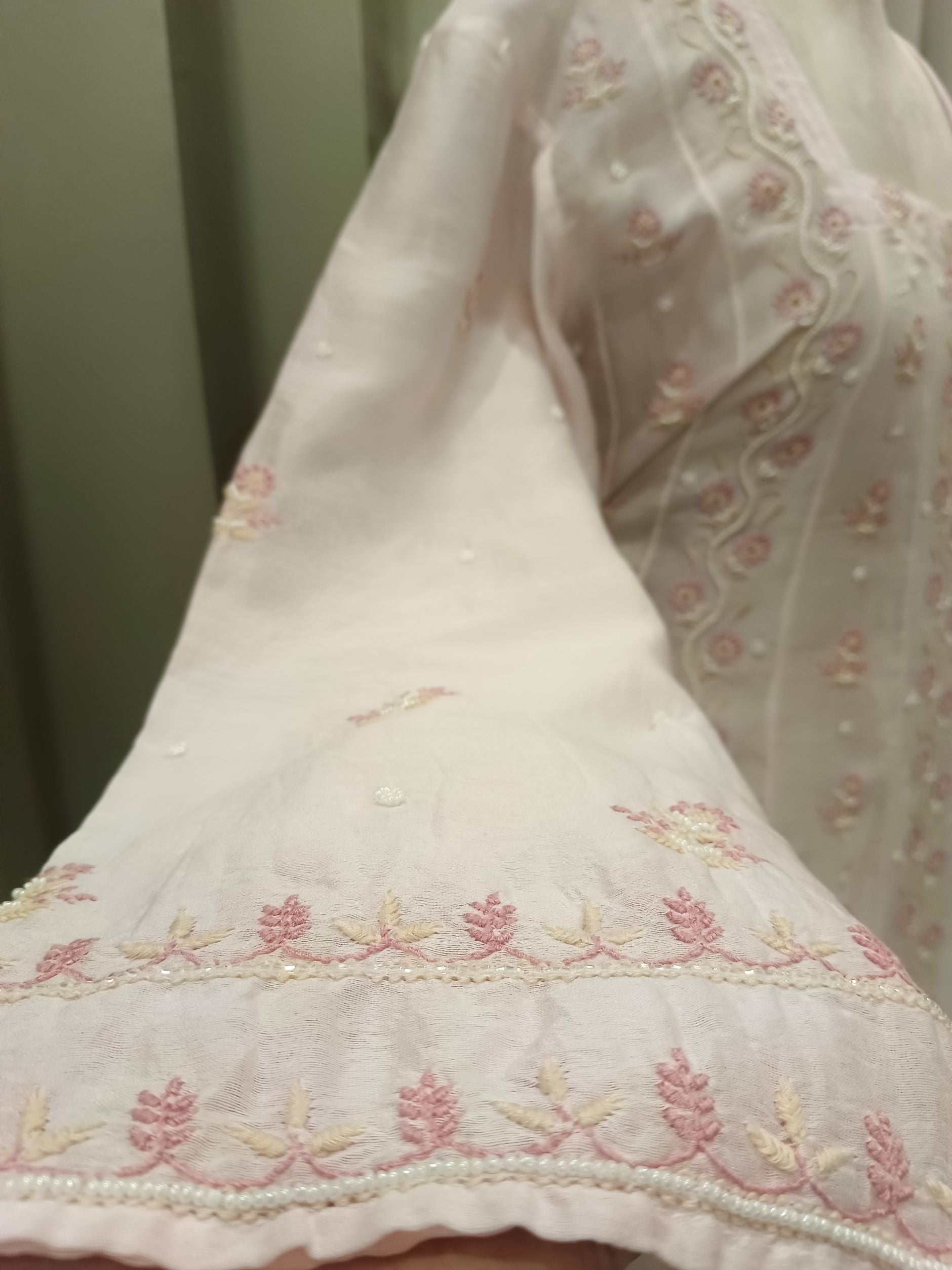 VANILLA CREME MUL CHANDERI CHIKANKARI ANARKALI  SET