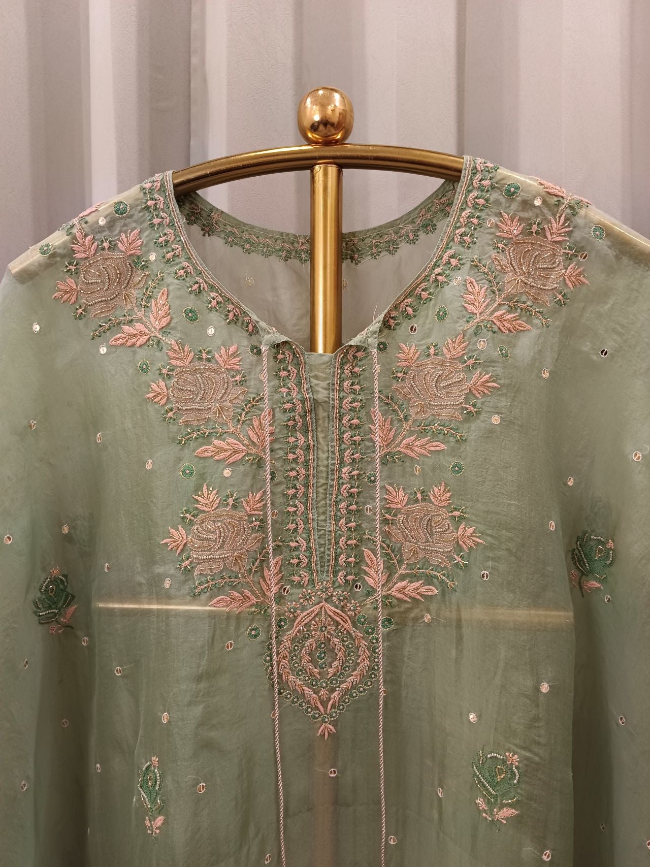 PISTACHIO GREEN ORGANZA CHIKANKARI KAFTAN