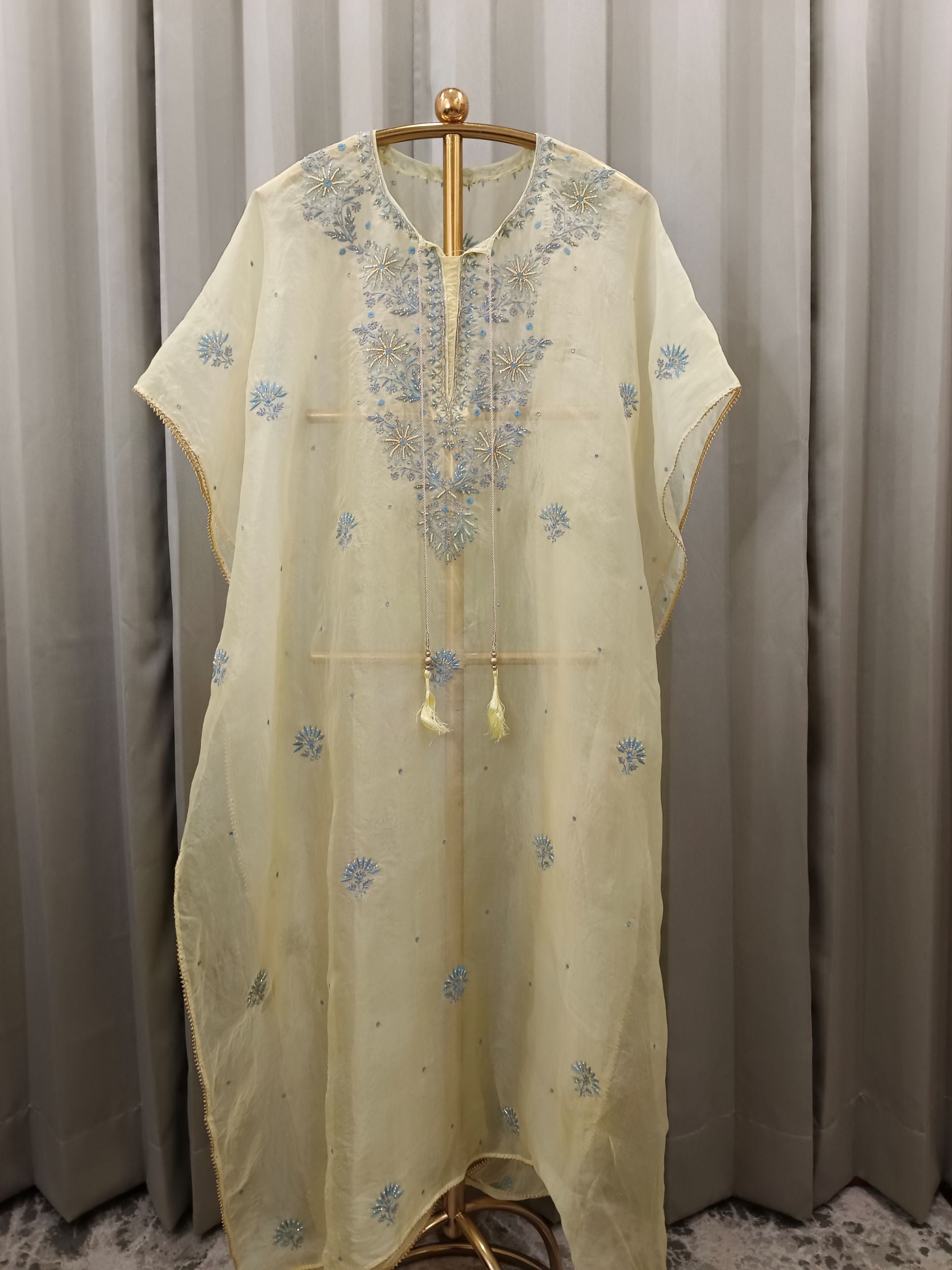 AUREOLIN YELLOW ORGANZA CHIKANKARI KAFTAN