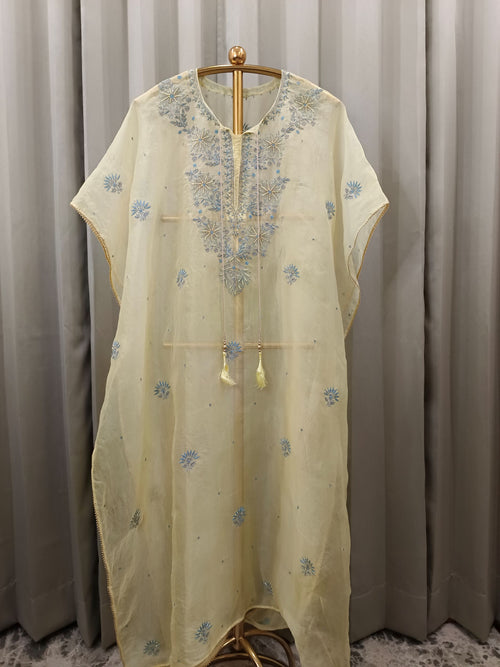 AUREOLIN YELLOW ORGANZA CHIKANKARI KAFTAN