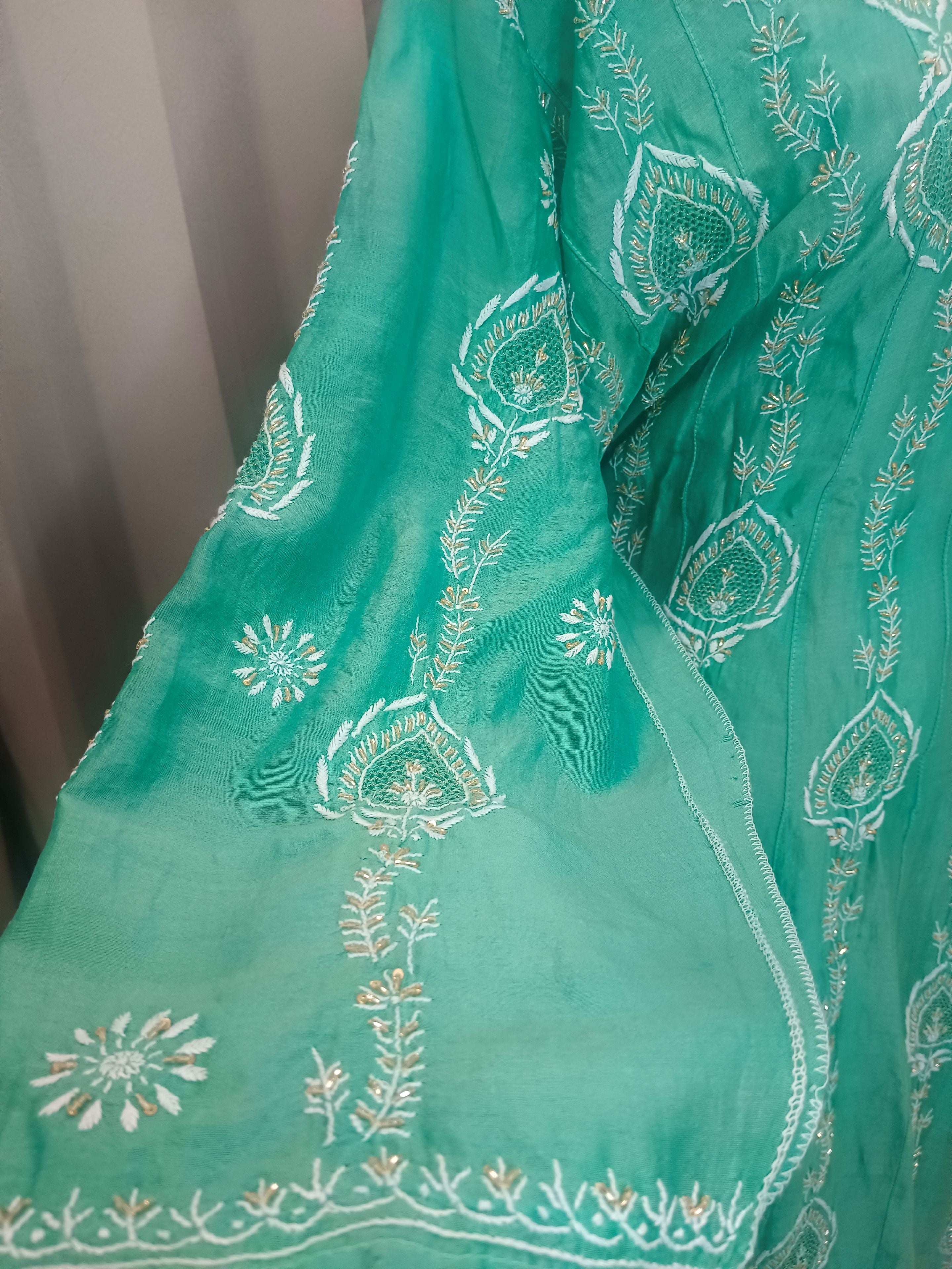 EMERAUDE MUL CHANDERI CHIKANKARI ANARKALI  SET
