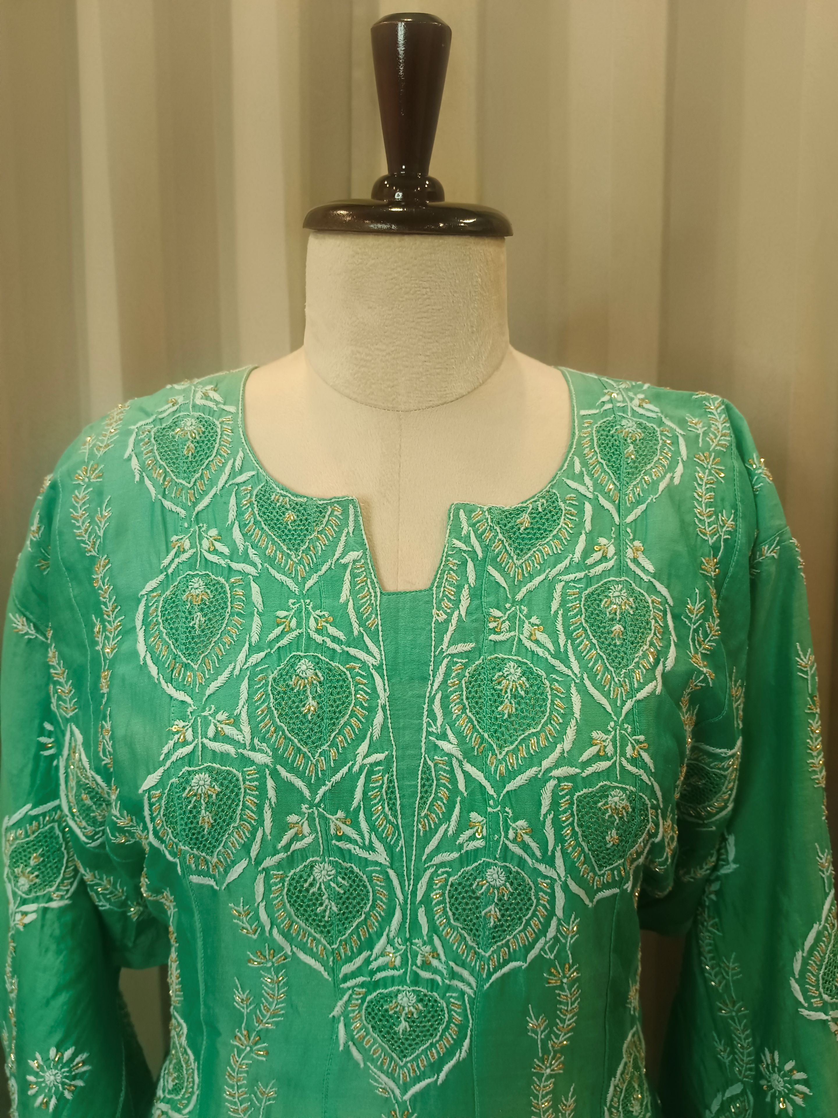 EMERAUDE MUL CHANDERI CHIKANKARI ANARKALI  SET