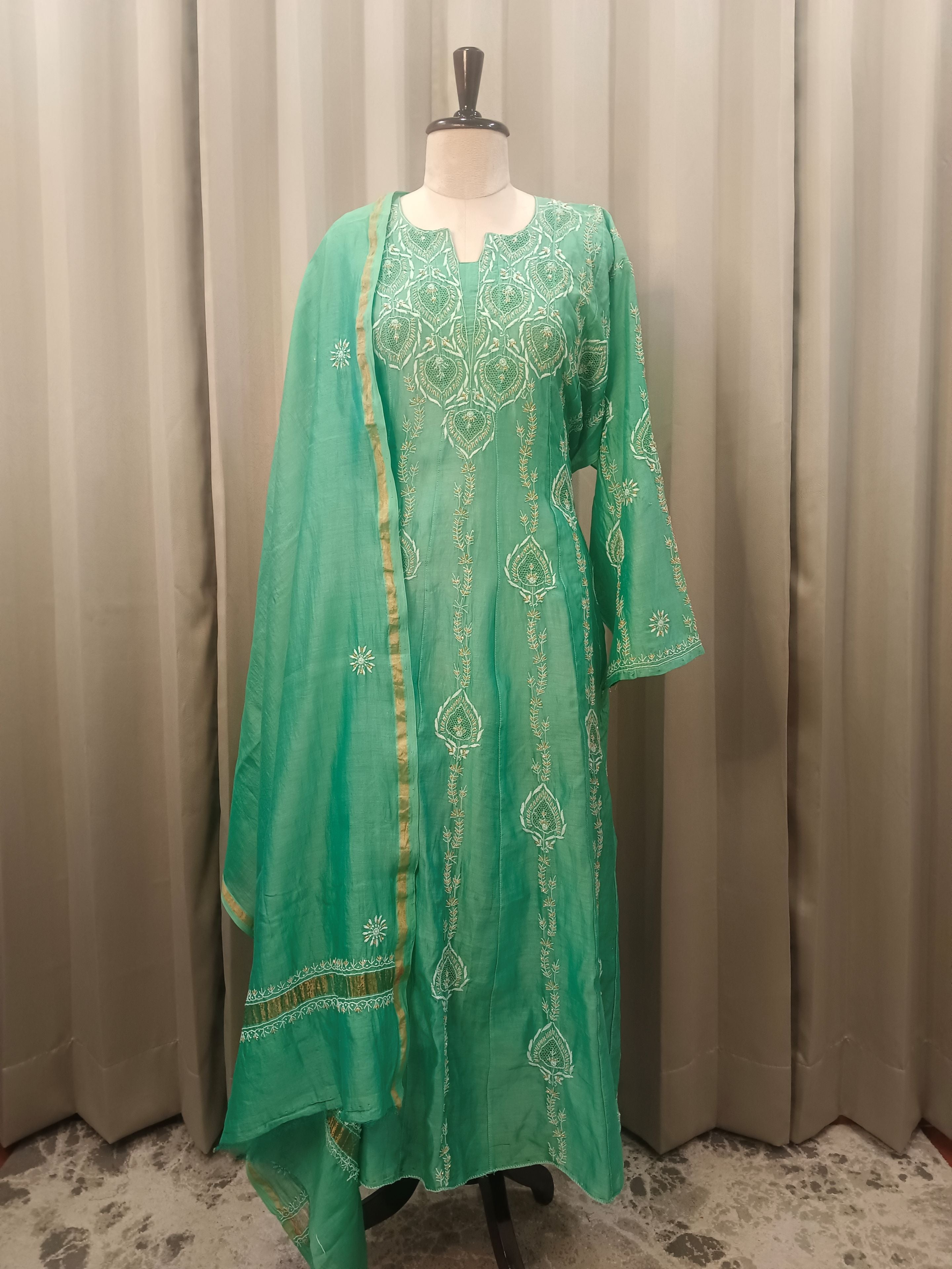 EMERAUDE MUL CHANDERI CHIKANKARI ANARKALI  SET