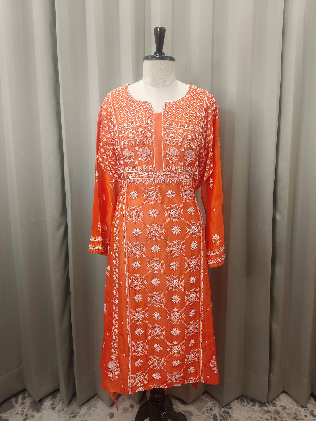 TANGERINE MUL CHANDERI PAKISTANI PANEL CHIKANKARI A-LINE KURTA SET