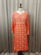 TANGERINE MUL CHANDERI PAKISTANI PANEL CHIKANKARI A-LINE KURTA SET