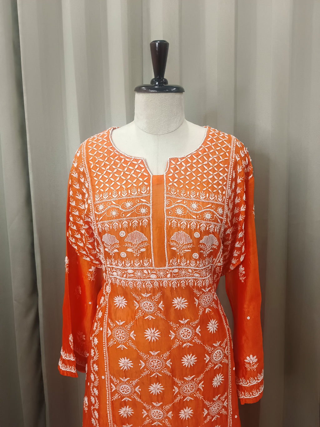 TANGERINE MUL CHANDERI PAKISTANI PANEL CHIKANKARI A-LINE KURTA SET