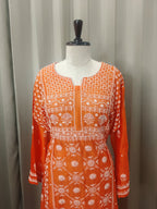 TANGERINE MUL CHANDERI PAKISTANI PANEL CHIKANKARI A-LINE KURTA SET