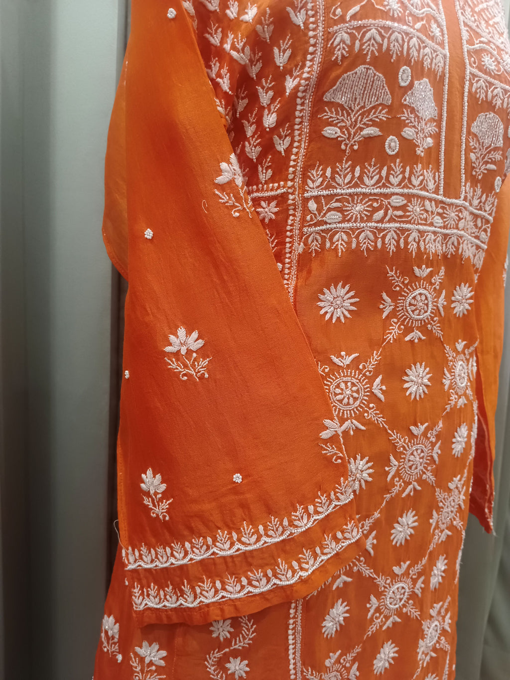 TANGERINE MUL CHANDERI PAKISTANI PANEL CHIKANKARI A-LINE KURTA SET