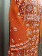 TANGERINE MUL CHANDERI PAKISTANI PANEL CHIKANKARI A-LINE KURTA SET