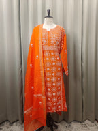 TANGERINE MUL CHANDERI PAKISTANI PANEL CHIKANKARI A-LINE KURTA SET