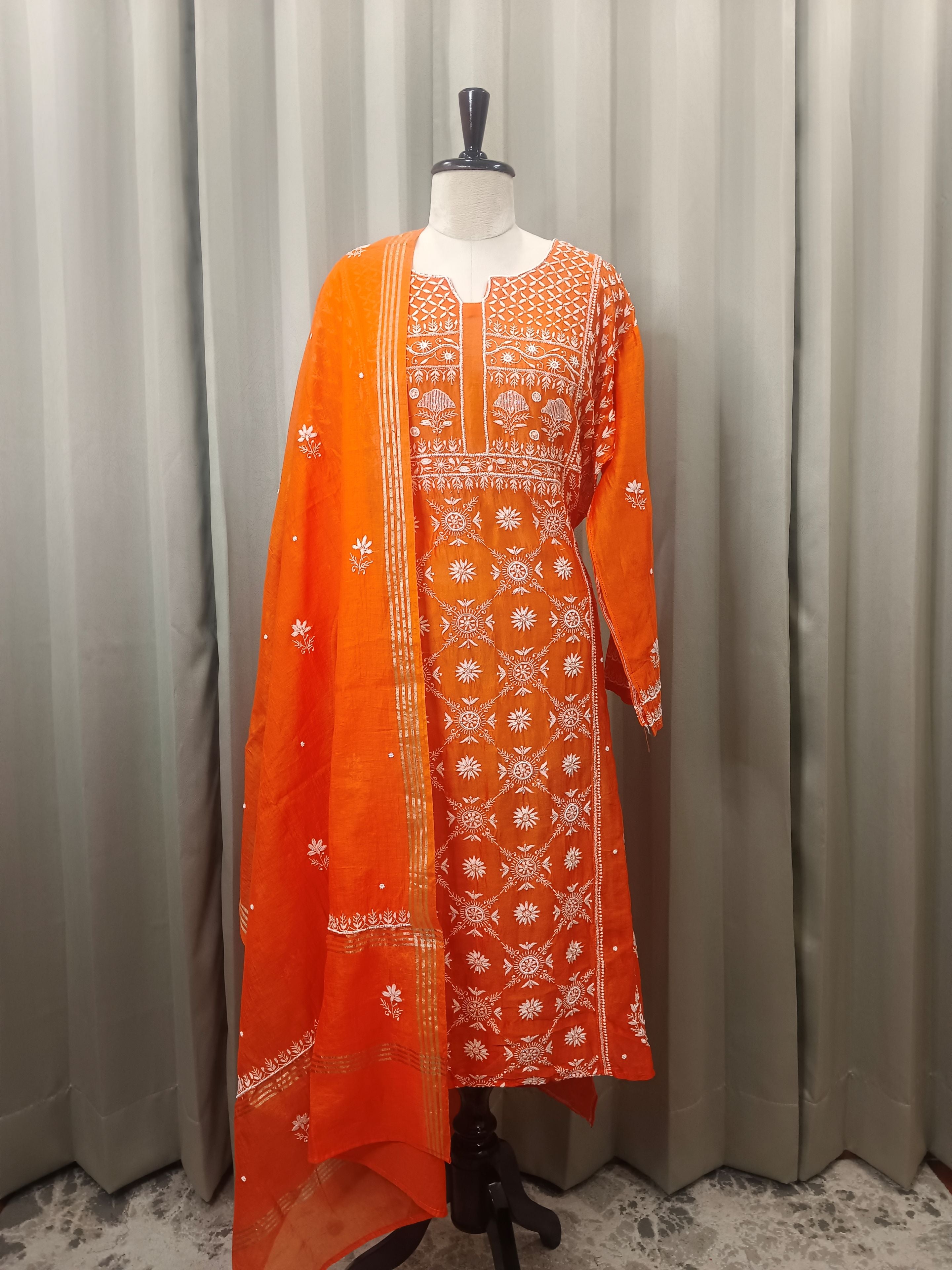TANGERINE MUL CHANDERI PAKISTANI PANEL CHIKANKARI A-LINE KURTA SET