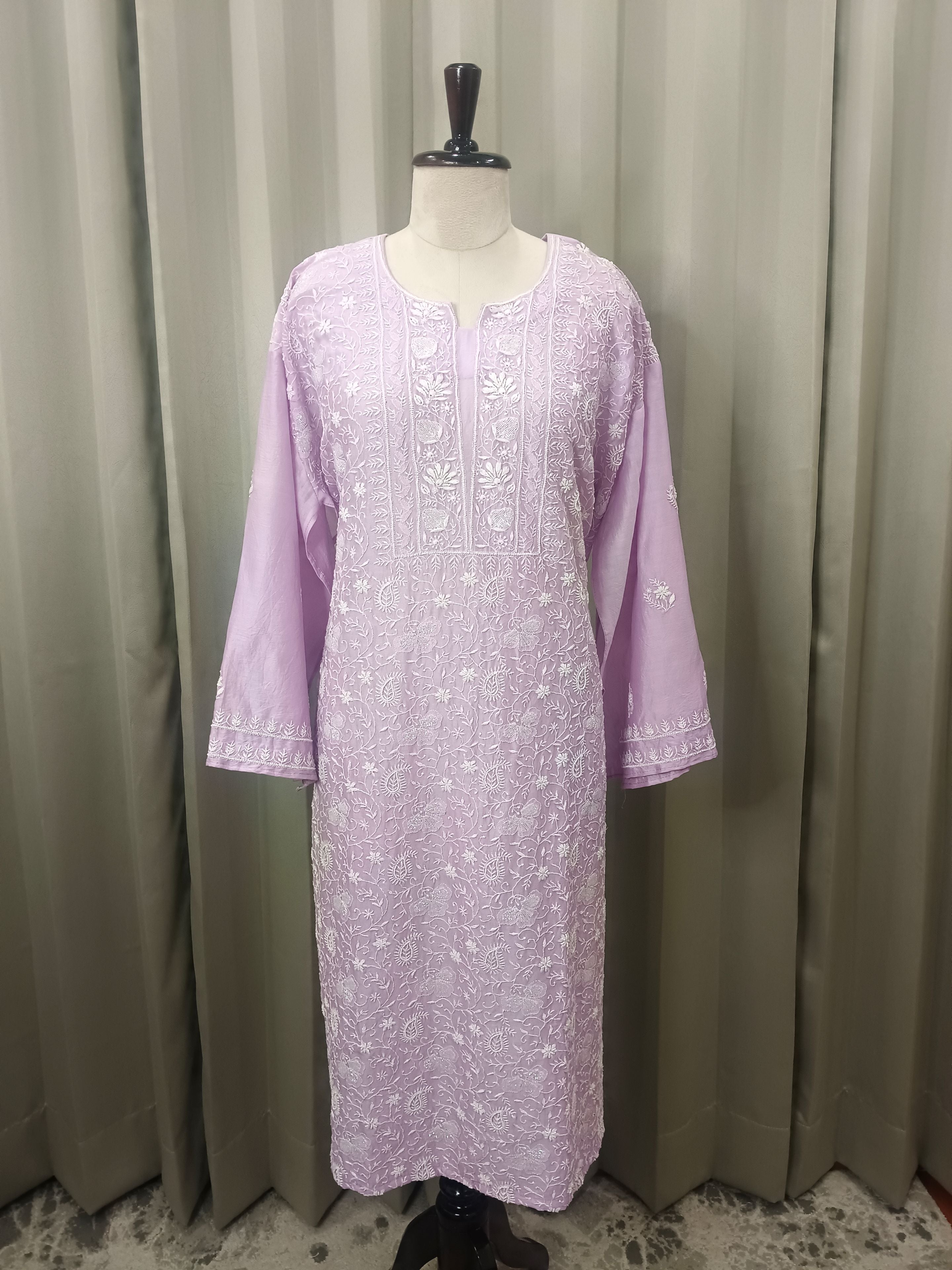 LAVENDER MUL CHANDERI  CHIKANKARI  KURTA SET