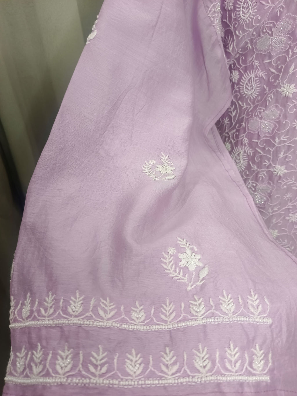 LAVENDER MUL CHANDERI  CHIKANKARI  KURTA SET