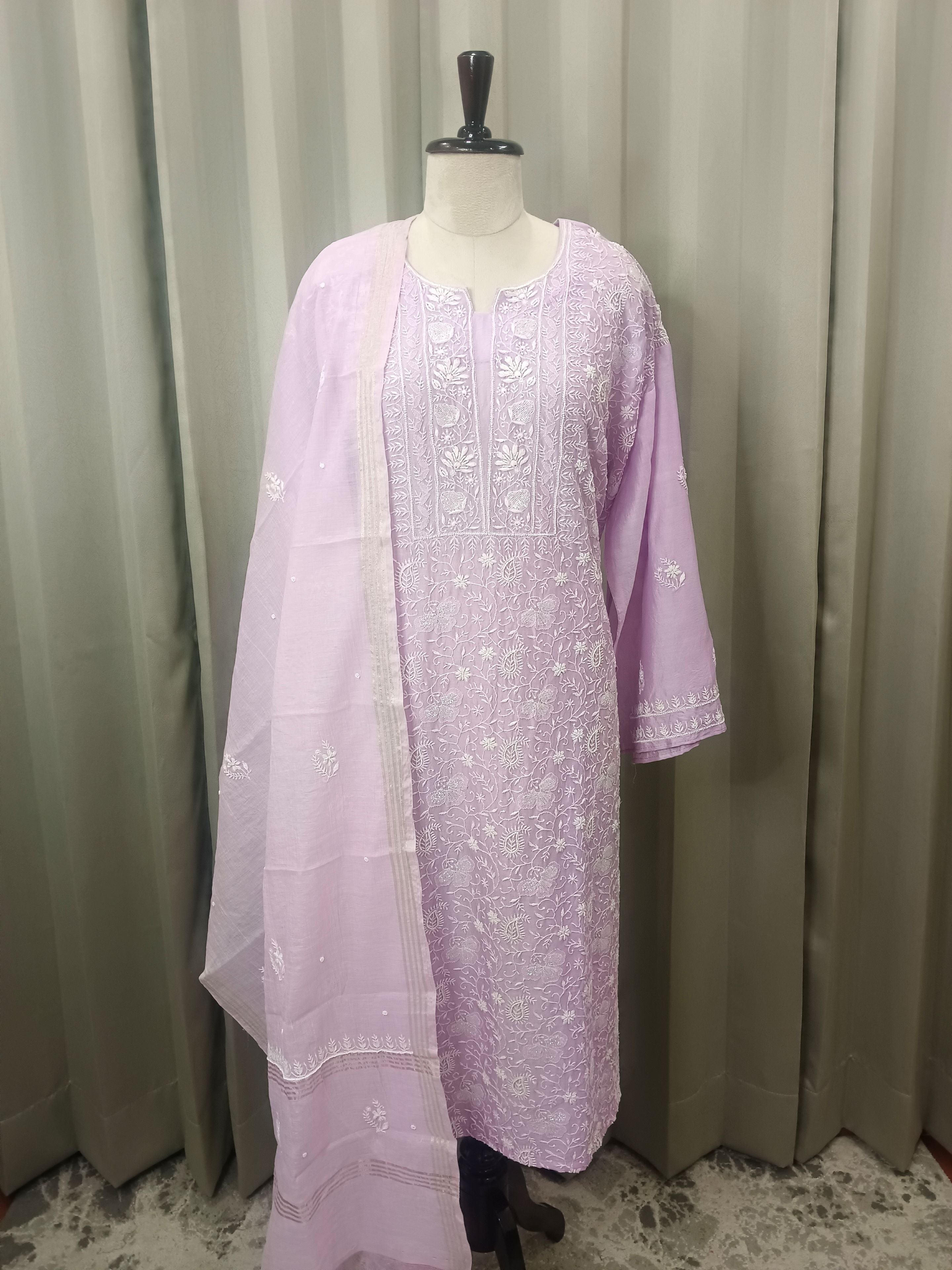 LAVENDER MUL CHANDERI  CHIKANKARI  KURTA SET