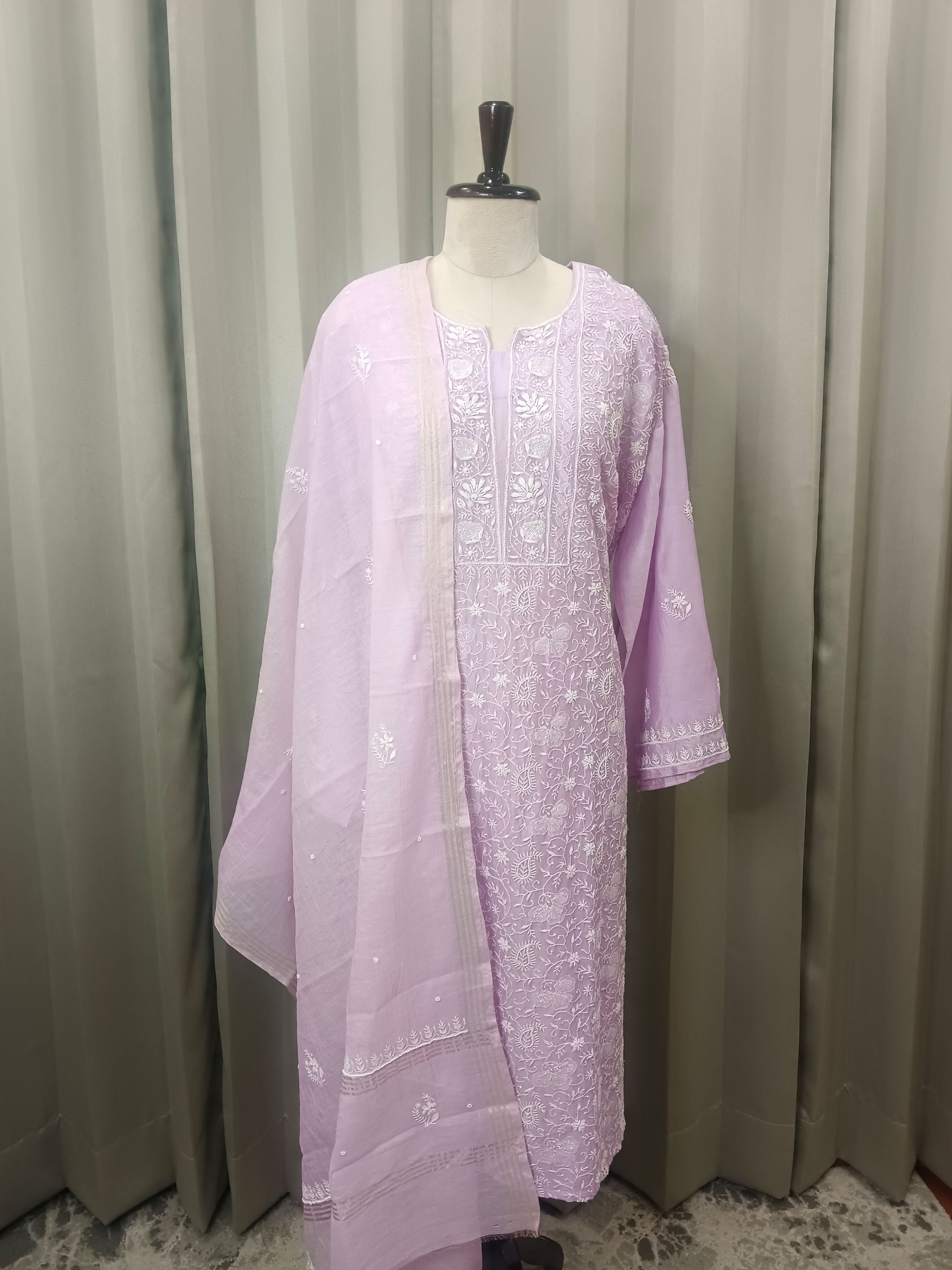 LAVENDER MUL CHANDERI  CHIKANKARI  KURTA SET
