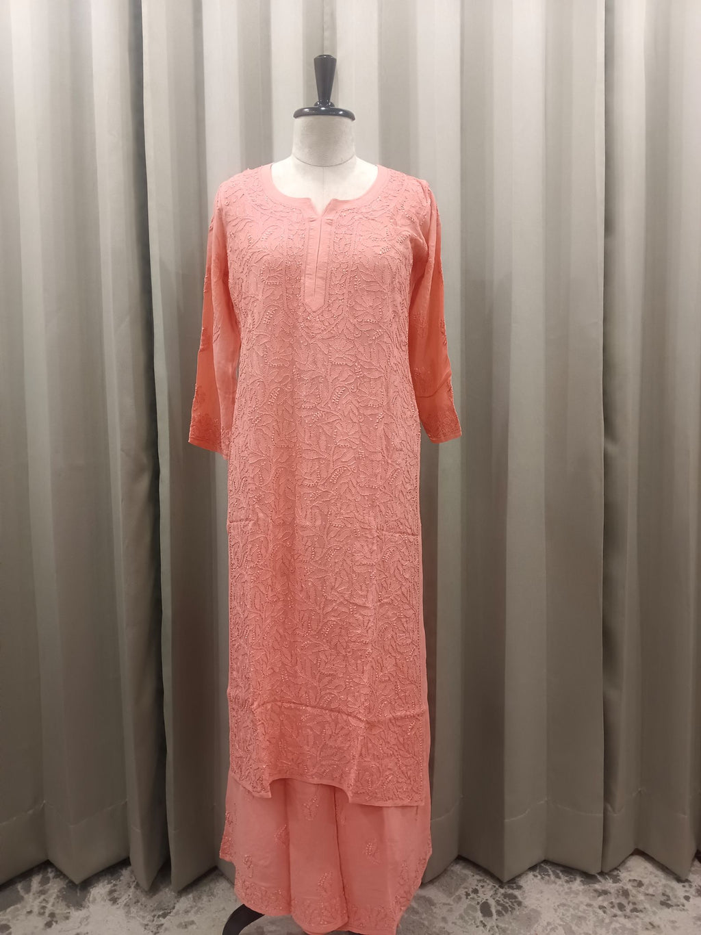 PEACH VISCOSE CHIKANKARI  KURTA SET