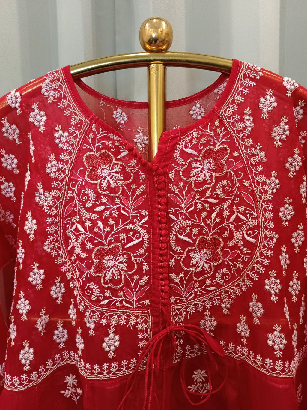 CRIMSON ORGANZA CHIKANKARI ANARKALI SET