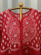 CRIMSON ORGANZA CHIKANKARI ANARKALI SET