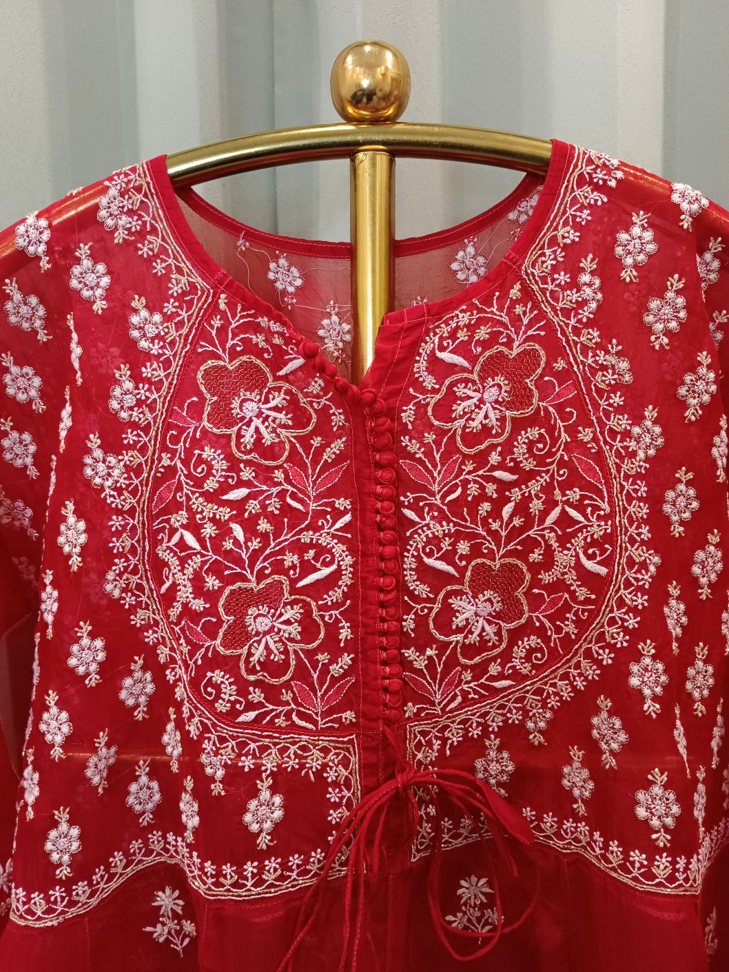 CRIMSON ORGANZA CHIKANKARI ANARKALI SET