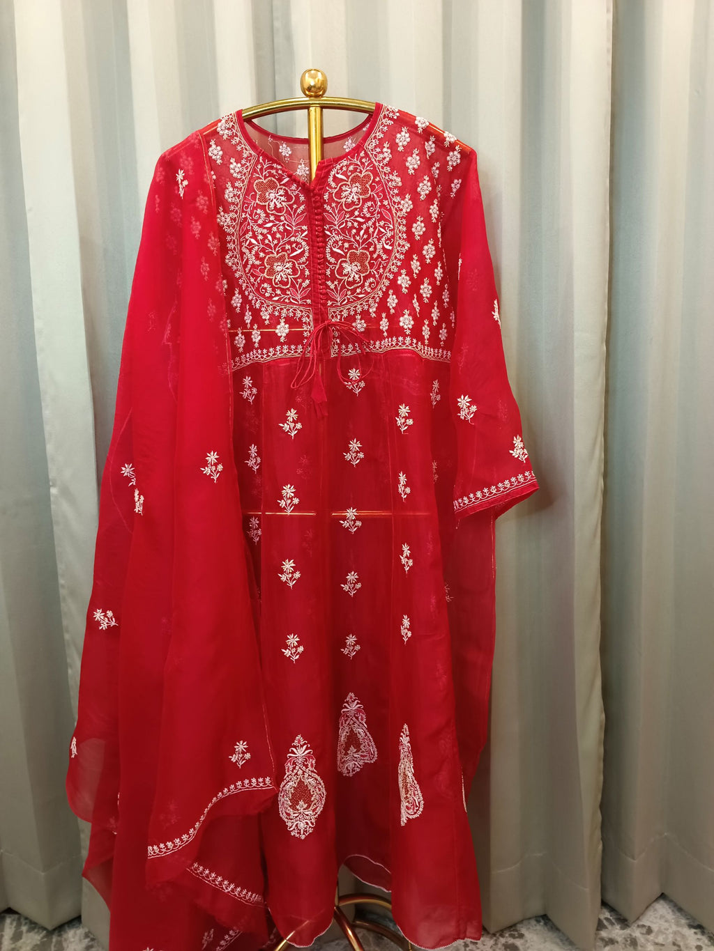 CRIMSON ORGANZA CHIKANKARI ANARKALI SET