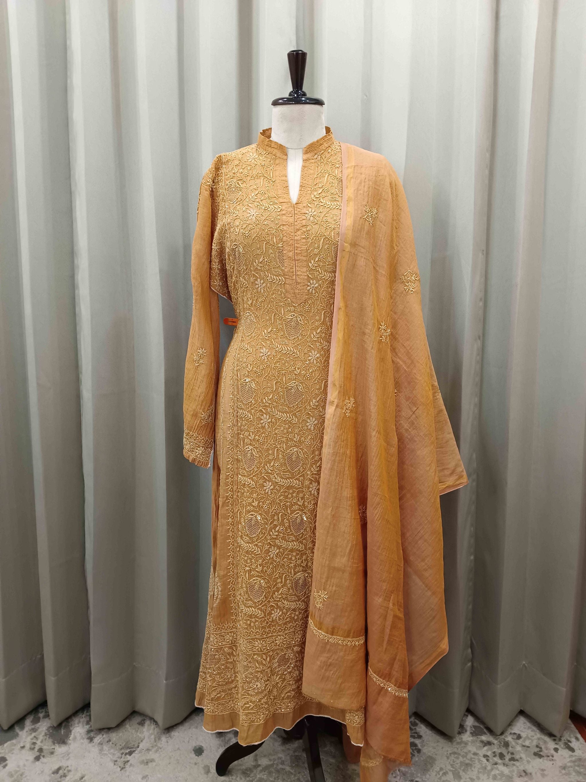 SAND GOLD TISSUE CHIKANKARI KURTA SET