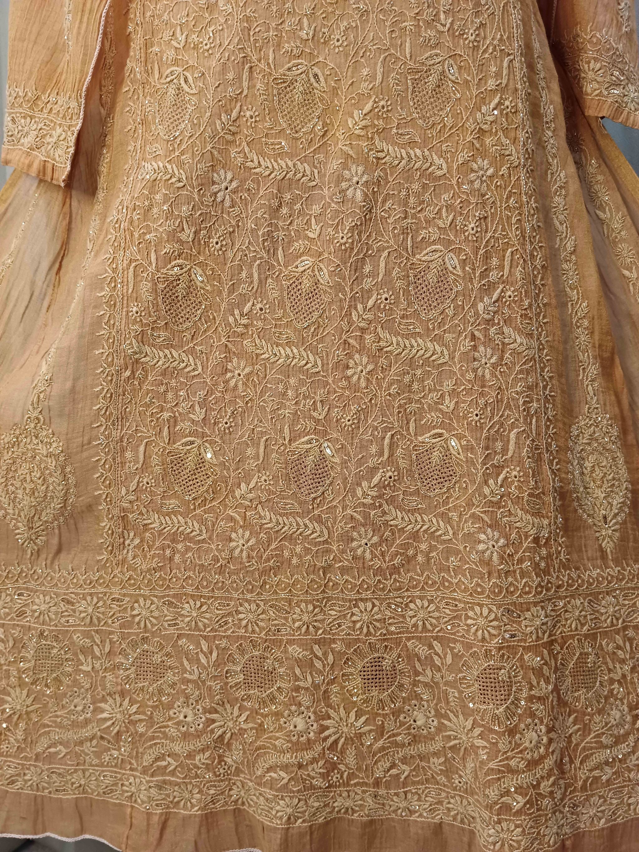 SAND GOLD TISSUE CHIKANKARI KURTA SET