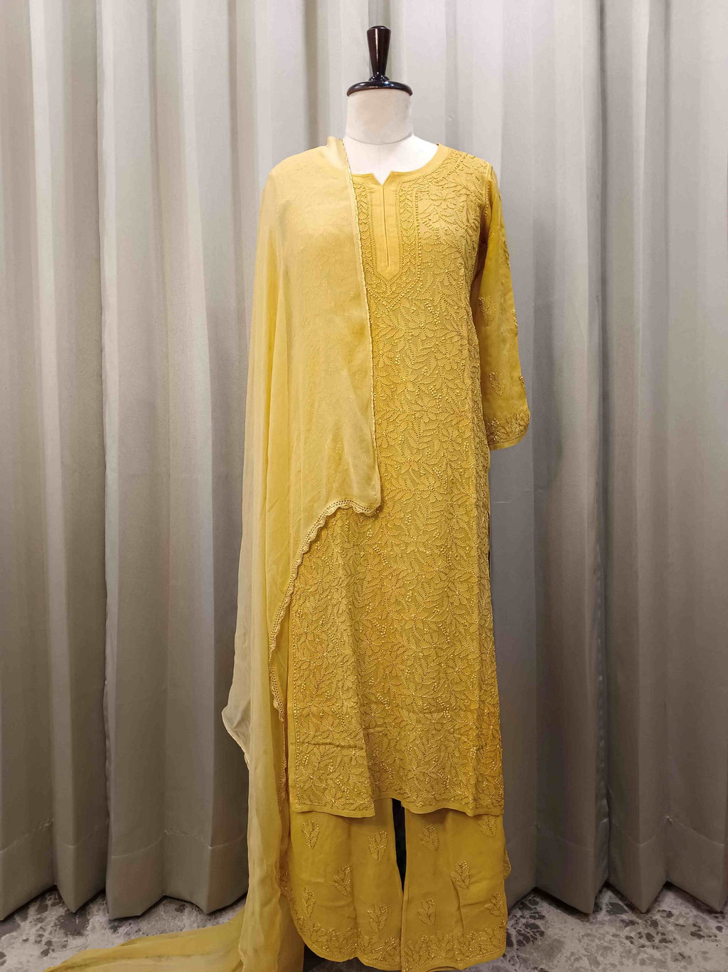 YELLOW VISCOSE CHIKANKARI STRAIGHT KURTA SET SET