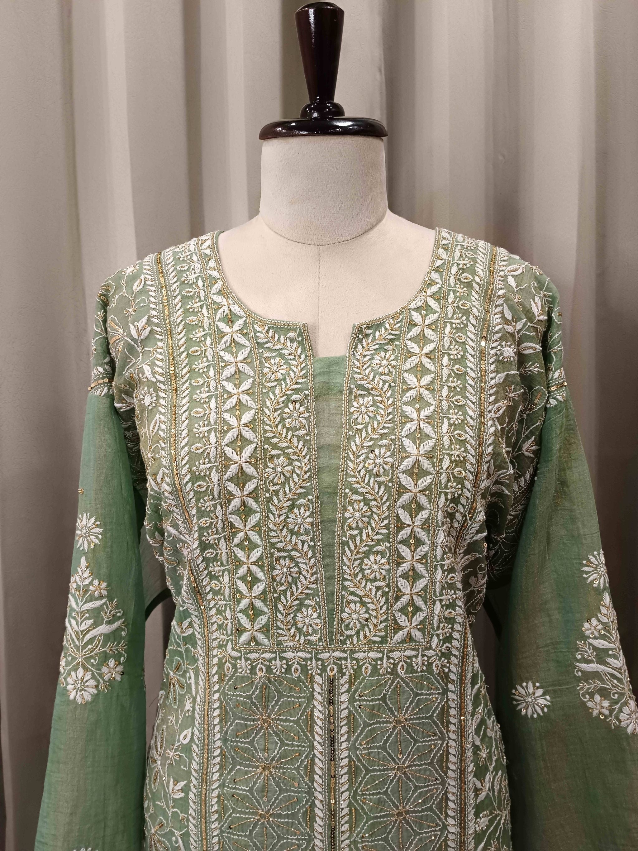 MINT GREEN TISSUE CHIKANKARI KURTA SET