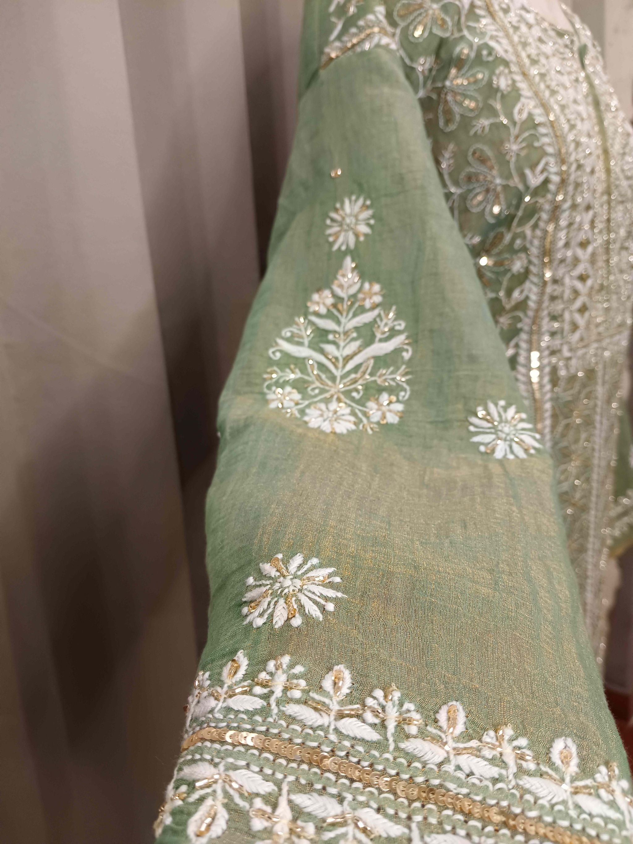 MINT GREEN TISSUE CHIKANKARI KURTA SET