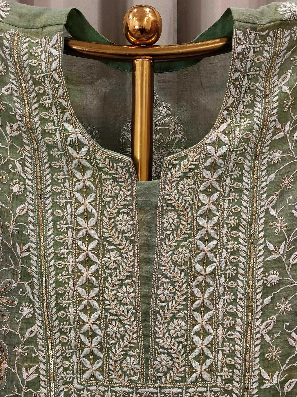 MINT GREEN TISSUE CHIKANKARI KURTA SET