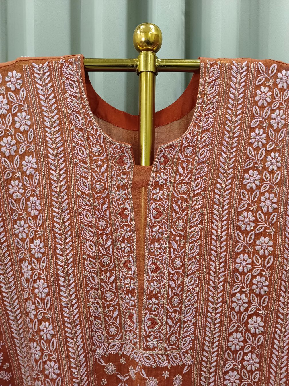 HONEYED AMBER TISSUE CHIKANKARI KURTA SET
