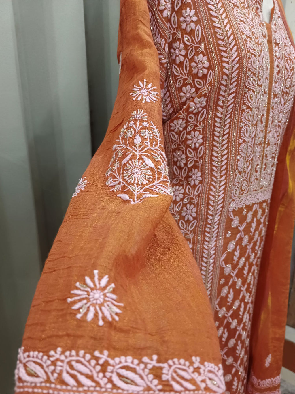 HONEYED AMBER TISSUE CHIKANKARI KURTA SET