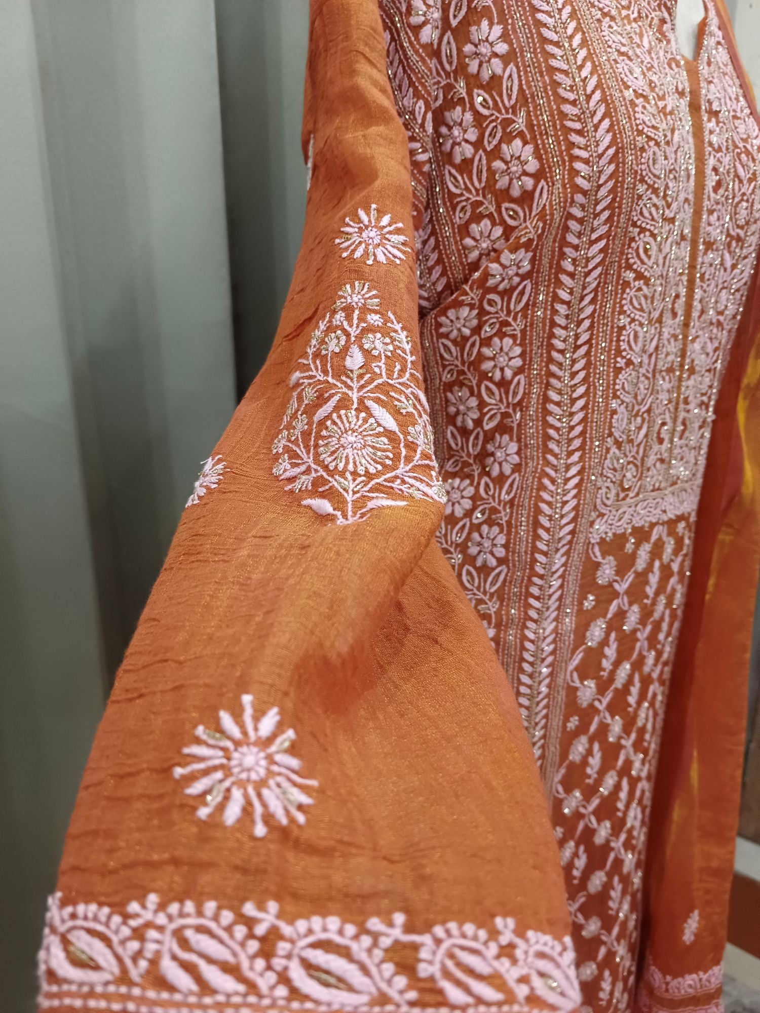 HONEYED AMBER TISSUE CHIKANKARI KURTA SET