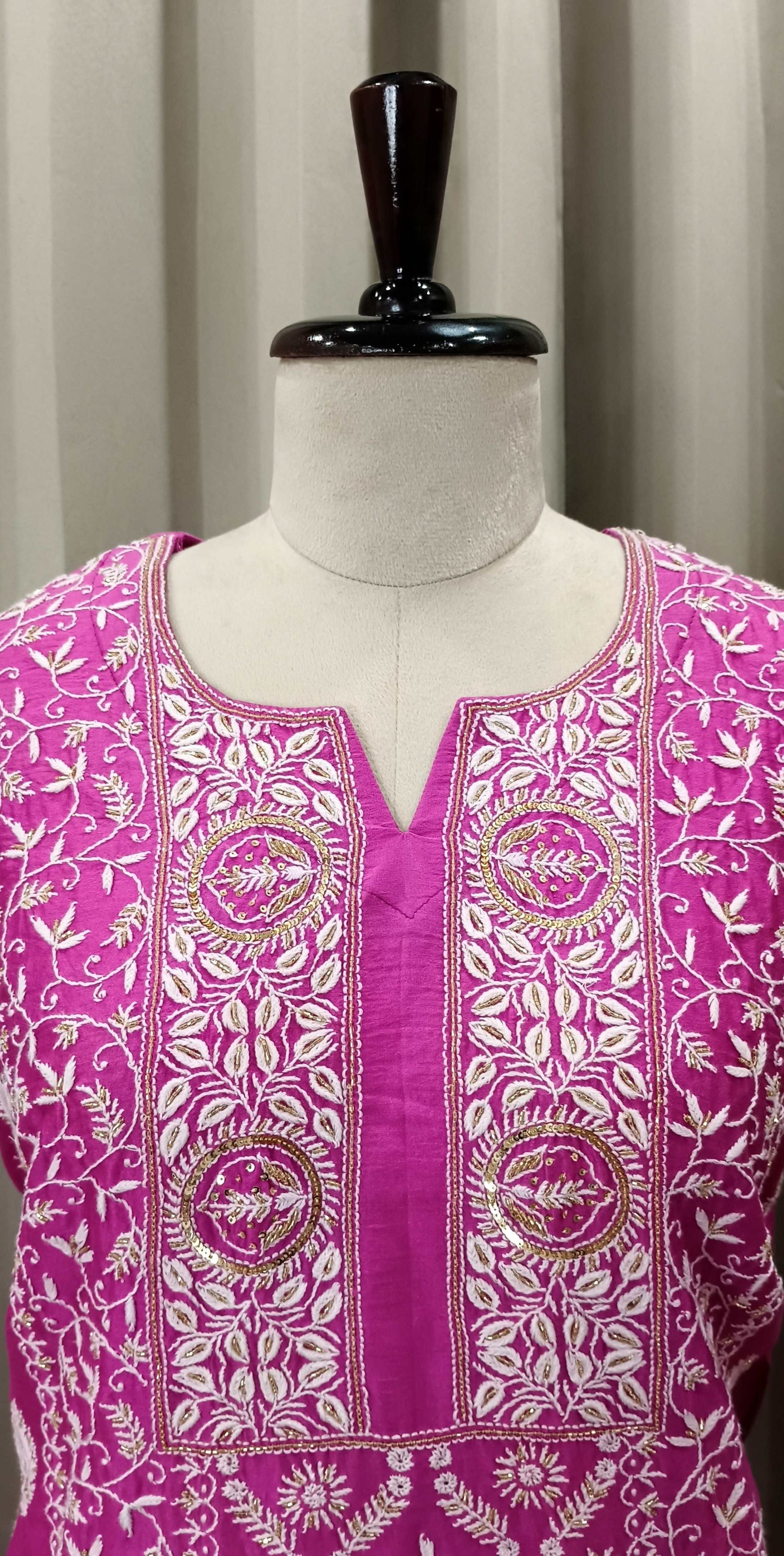 RASPBERRY PINK MUL CHANDERI CHIKANKARI KURTA SET