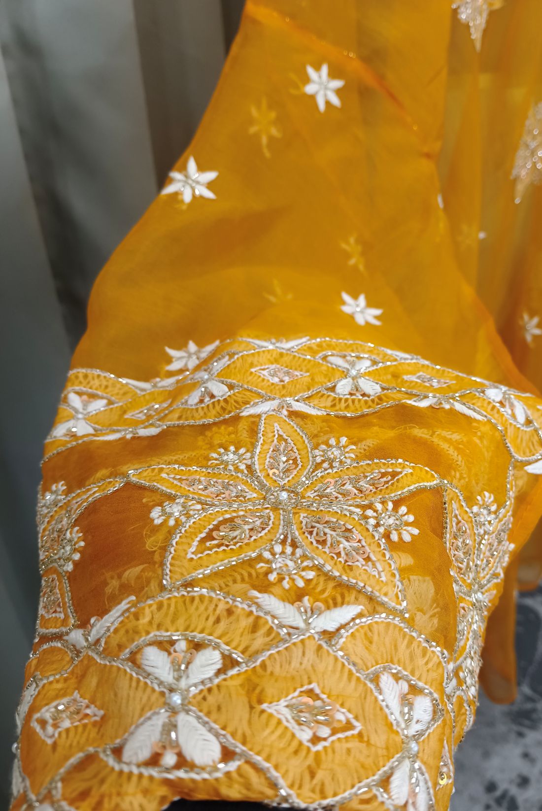 MANDARIN ORGANZA CHIKANKARI KURTA SET