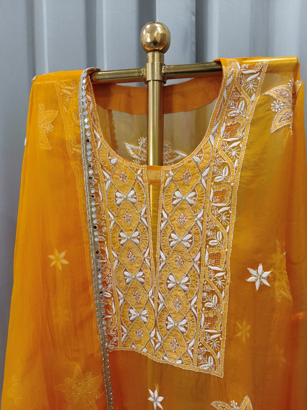 MANDARIN ORGANZA CHIKANKARI KURTA SET