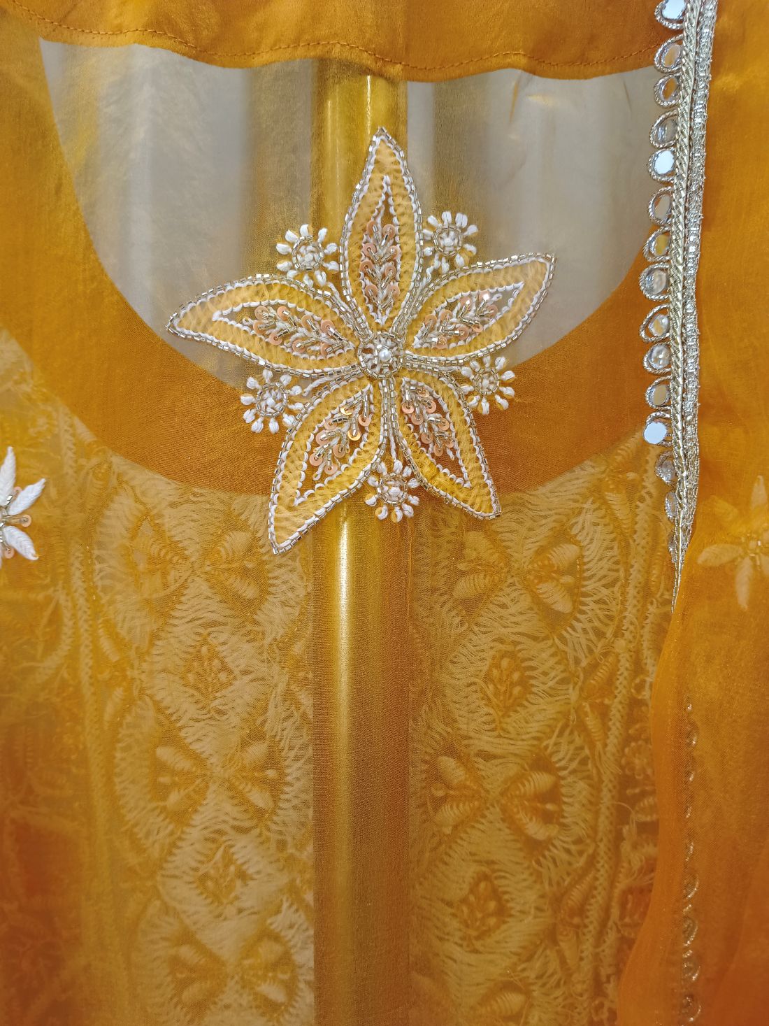 MANDARIN ORGANZA CHIKANKARI KURTA SET