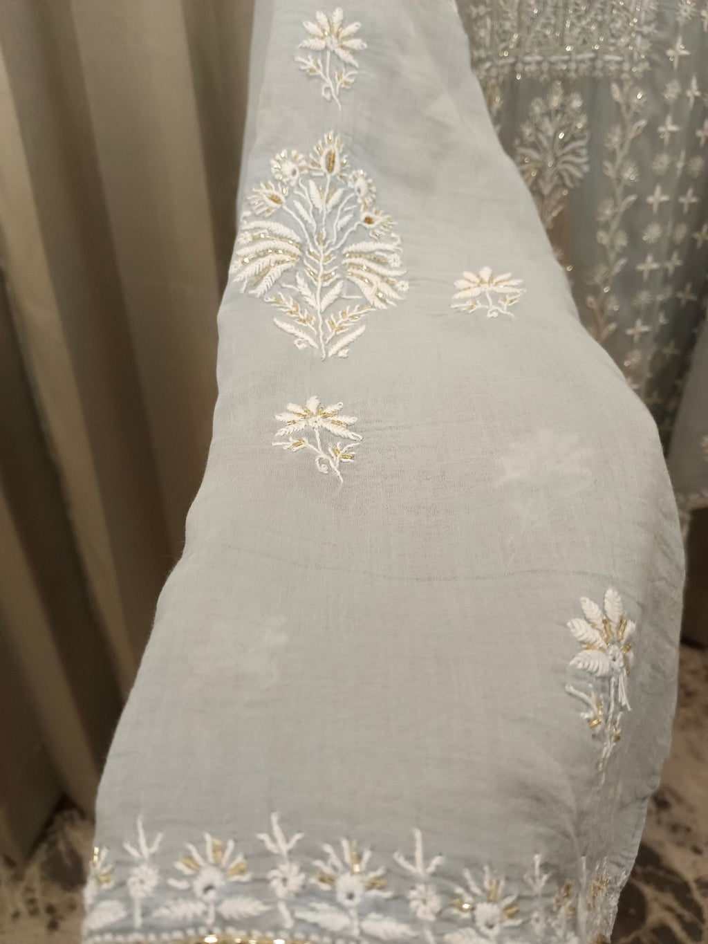 DOVE GREY MUL CHANDERI CHIKANKARI KURTA SET