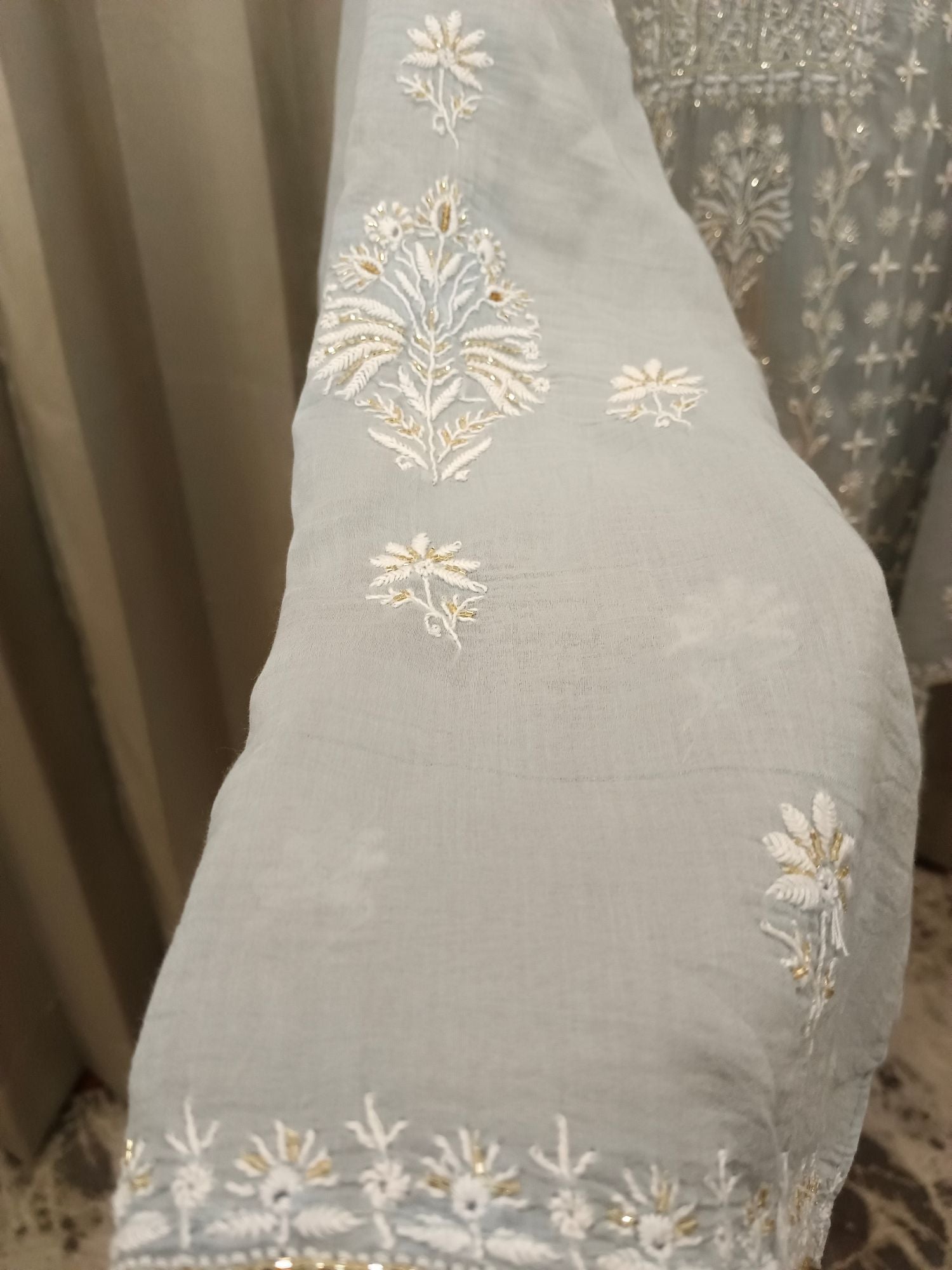DOVE GREY MUL CHANDERI CHIKANKARI KURTA SET